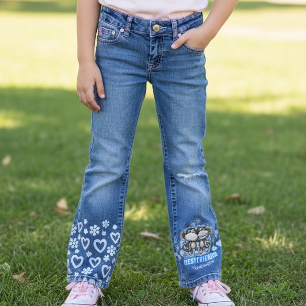 BOBBY JACK Girls Embroidered Rhinestoned Bootcut Jeans with Adjustable Waist